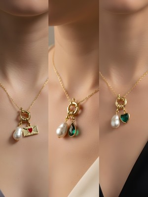 NKT Collection Zümrüt Yeşili Kalp Zümrüt Yeşili Damla Kalpli Zarf Incili Kolye