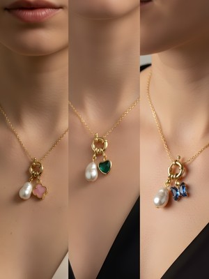 NKT Collection Zümrüt Yeşili Kalp Mavi Kelebek Pembe Yonca Incili Kolye