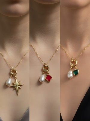 NKT Collection Zümrüt Yeşili Kalp Kırmızı Yonca Kutup Yıldızı Incili Kolye