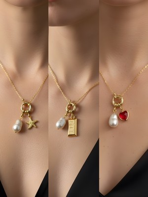 NKT Collection Kırmızı Kalp Külçe Altın Deniz Yıldızı Incili Kolye