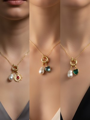 NKT Collection Zümrüt Yeşili Kalp Turkuaz Kalp Ay Güneş Incili Kolye