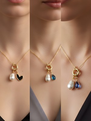 NKT Collection Mavi Damla Turkuaz Damla Siyah Kalp Incili Kolye