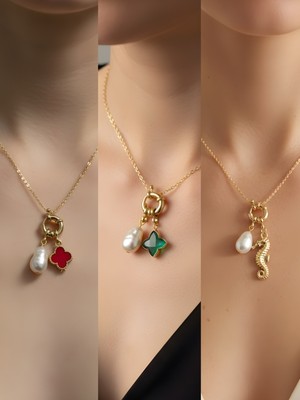 NKT Collection Deniz Atı Zümrüt Yeşili Yıldız Kırmızı Yonca Incili Kolye