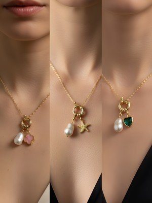 NKT Collection Zümrüt Yeşili Kalp Deniz Yıldızı Pembe Yonca Incili Kolye