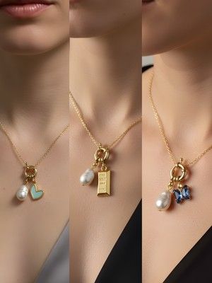 NKT Collection Mavi Kelebek Külçe Altın Turkuaz Kalp Incili Kolye