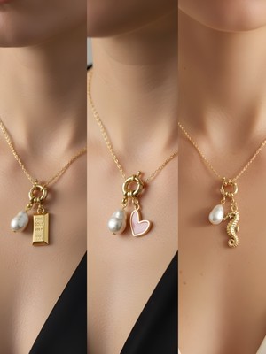 NKT Collection Deniz Atı Pembe Kalp Külçe Altın Incili Kolye