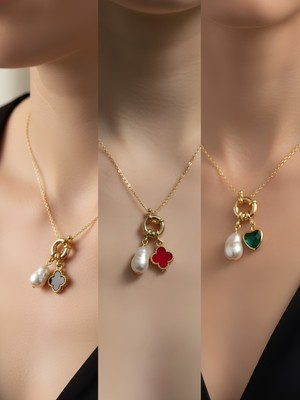 NKT Collection Zümrüt Yeşili Kalp Kırmızı Yonca Siyah Yonca Incili Kolye