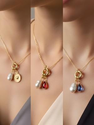 NKT Collection Mavi Damla Kırmızı Damla Kabartma Kalp Incili Kolye