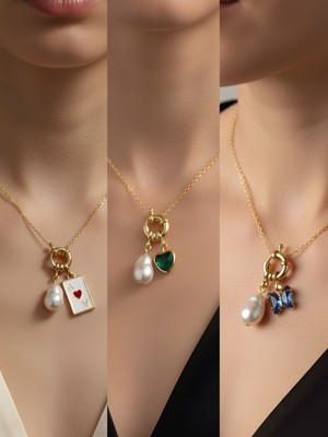 NKT Collection Zümrüt Yeşili Kalp Mavi Kelebek Kupa As Incili Kolye