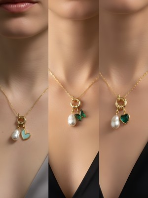 NKT Collection Zümrüt Yeşili Kalp Zümrüt Yeşili Kelebek Turkuaz Kalp Incili Kolye