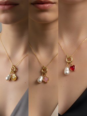 NKT Collection Kırmızı Kalp Pembe Yonca Midye Incili Kolye