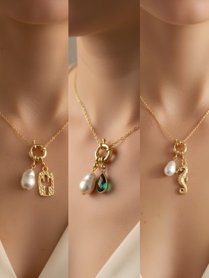 NKT Collection Deniz Atı Zümrüt Yeşili Damla Kaktüs Incili Kolye