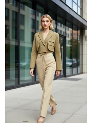 Benerly Kadın Kruvaze Dokuma Ceket Uzun Kollu Ceket Yaka Regular Kalıp Fonksiyonel Dayanıklı Rahat