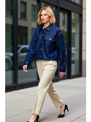 Benerly Kadın %100 Pamuk Gömlek Yaka Düşük Kol Regular Kalıp Denim Ceket Fonksiyonel Dayanıklı Şık