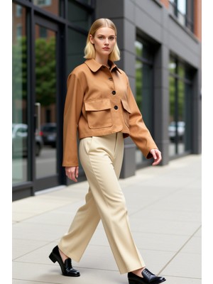 Benerly Kadın Gömlek Yaka Standart Kol Geniş Kalıp Dokuma Ceket Fonksiyonel Dayanıklı Kaliteli Şık