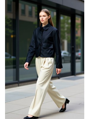 Benerly Kadın Gömlek Yaka Düz Desen Standart Kol Geniş Kalıp Dokuma Ceket Fonksiyonel Dayanıklı Şık