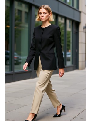 Benerly Kadın Bisiklet Yaka Uzun Kol Fitted Kalıp Düz Dokuma Ceket Fonksiyonel Dayanıklı Kaliteli Şık