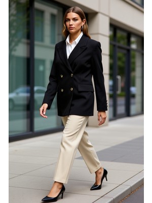 Benerly Kadın Kruvaze Yaka Uzun Kol Dokuma Kalıp Blazer Ceket Fonksiyonel Dayanıklı Kaliteli Rahat