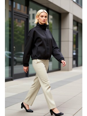 Benerly Kadın Dik Yaka Düşük Kol Uzun Kollu Fermuar Kapamalı Örme Ceket Fonksiyonel Dayanıklı Spor