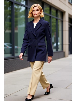 Benerly Kadın Ceket Yaka Standart Kol Kruvaze Kalıp Düz Desenli Dokuma Ceket Fonksiyonel Dayanıklı