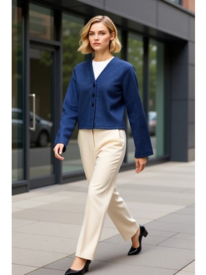 Benerly Kadın V Yaka Düz Desen Standart Kol Uzun Kollu Örme Ceket Fonksiyonel Dayanıklı Kaliteli Şık