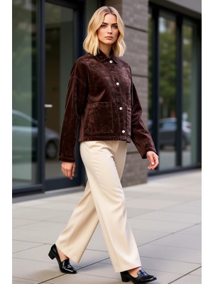 Benerly Kadın Gömlek Yaka Uzun Kol Düz Desen Regular Kalıp %100 Pamuk Ceket Fonksiyonel Dayanıklı Şık