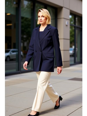 Benerly Kadın Ceket Yaka Standart Kol Düz Desen Oversize Kalıp Dokuma Blazer Fonksiyonel Dayanıklı