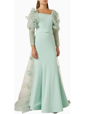 Ac By Aanchal Chanda 3D Floral-Applique Çiçek Aplikeli Uzun Kuyruklu Kadın Elbise