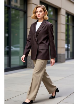 Benerly Kadın Ceket Yaka Uzun Kol Standart Kol Rahat Kalıp Çizgili Dokuma Fonksiyonel Dayanıklı Şık