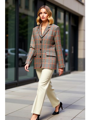 Benerly Kadın Ekose Desenli Ceket Yaka Uzun Kol Regular Kalıp Dokuma Fonksiyonel Dayanıklı Estetik