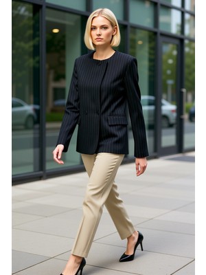 Benerly Kadın Çizgili Bisiklet Yaka Uzun Kol Standart Kalıp Dokuma Blazer Ceket Fonksiyonel Modern