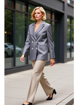 Benerly Kadın Ceket Yaka Standart Kol Relaxed Kalıp Çizgili Dokuma Fonksiyonel Dayanıklı Kaliteli Şık