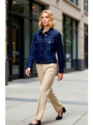 Benerly Kadın %100 Pamuk Gömlek Yaka Standart Kol Denim Ceket Fonksiyonel Dayanıklı Kaliteli Rahat
