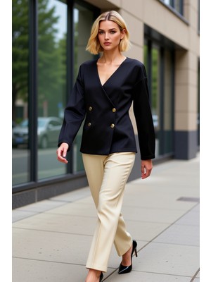 Benerly Kadın V Yaka Uzun Kol Düz Desen Kruvaze Kapatma Scuba Örme Ceket Fonksiyonel Dayanıklı Şık