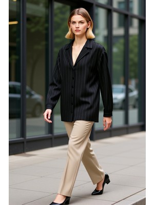 Benerly Kadın Ceket Yaka Büzgülü Kol Uzun Kol Çizgili Dokuma Kumaş Ceket Fonksiyonel Dayanıklı Şık