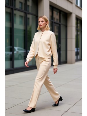 Benerly Kadın Dik Yaka Düşük Kol Düz Desen Örme Bomber Ceket Fonksiyonel Dayanıklı Kaliteli Modern