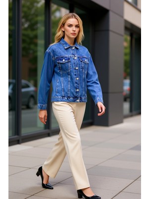 Benerly Kadın %100 Pamuk Oversize Gömlek Yaka Düşük Kol Denim Ceket Fonksiyonel Dayanıklı Kaliteli