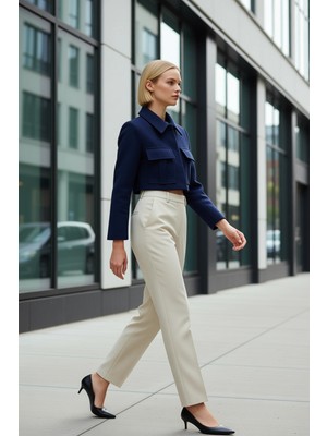 Benerly Kadın Ceket Yaka Standart Kol Düz Dokuma Kalıp Fitted Crop Fonksiyonel Dayanıklı Kaliteli Şık