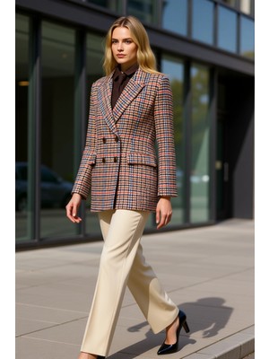 Benerly Kadın Ceket Yaka Uzun Kol Standart Kalıp Dokuma Ekose Desenli Blazer Ceket Fonksiyonel Şık