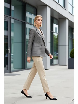 Benerly Kadın Ceket Yaka Uzun Kol Regular Kalıp Dokuma Kazayağı Desenli Blazer Fonksiyonel Estetik