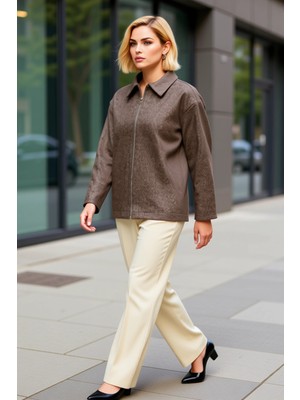 Benerly Kadın Gömlek Yaka Standart Kol Düz Desen Regular Kalıp Kaşe Ceket Fonksiyonel Dayanıklı Şık