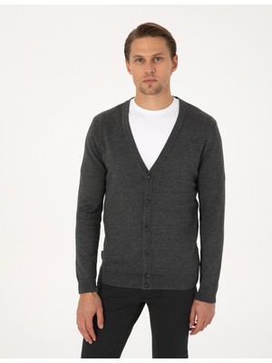 Pierre Cardin Erkek Koyu Gri Melanj Slim Fit Basic Düğmeli Triko Hırka 50317330-VR128