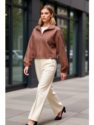 Benerly Kadın Dik Yaka Fermuarlı Düz Örme Süet Crop Ceket Fonksiyonel Dayanıklı Kaliteli Konforlu Şık