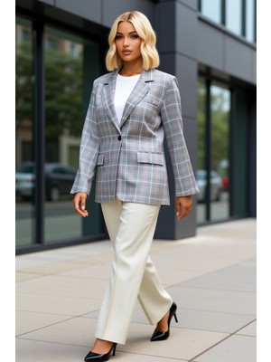 Benerly Kadın Ekose Desenli Regular Kalıp Ceket Yaka Dokuma Ceket Fonksiyonel Dayanıklı Kaliteli Şık