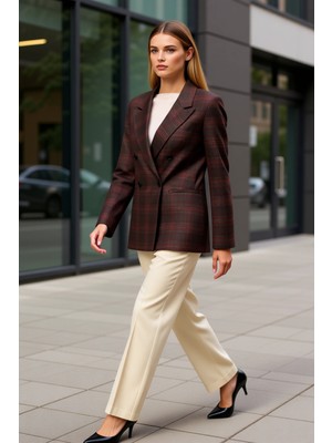 Benerly Kadın Ceket Yaka Uzun Kol Normal Kalıp Ekose Dokuma Fonksiyonel Dayanıklı Kaliteli Estetik