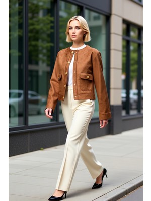 Benerly Kadın Bisiklet Yaka Uzun Kol Düz Desenli Crop Ceket Fonksiyonel Dayanıklı Kaliteli Estetik