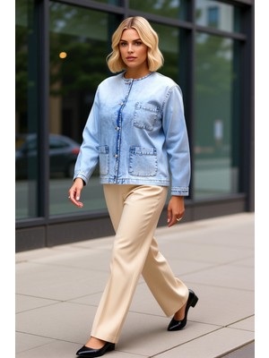 Benerly Kadın Bisiklet Yaka Düz Desen Oversize Kalıp %100 Pamuk Ceket Fonksiyonel Dayanıklı Modern