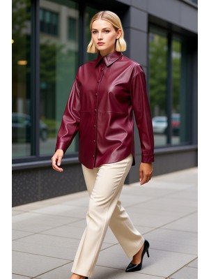 Benerly Kadın Gömlek Yaka Regular Kalıp Uzun Kol Dokuma Suni Deri Ceket Fonksiyonel Dayanıklı Spor