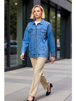 Benerly Kadın Oversize Gömlek Yaka Düşük Kol Uzun Kollu Denim Ceket %100 Pamuk Fonksiyonel Estetik