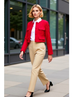 Benerly Kadın Ceket Yaka Standart Kol Crop Tüvit Dokuma Kalıp Fonksiyonel Dayanıklı Kaliteli Rahat